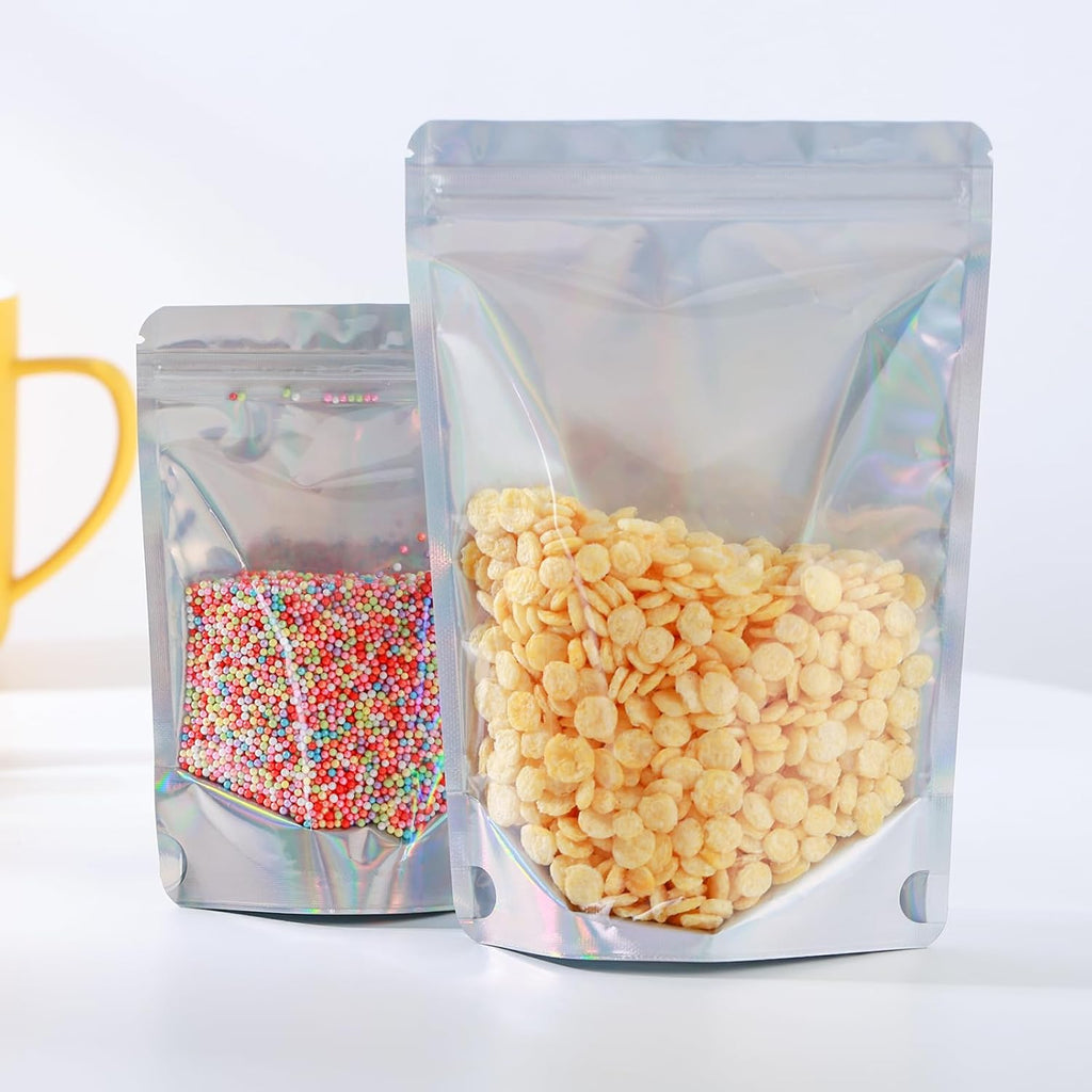 150 Pcs Mylar Bags for Food Storage, 6x9 Mylar Bag with Window Stand Up, Bulk Holographic Resealable Bags Smell Proof Bag Food Packaging for Small Business Freeze Dried Candy Jewelry Foil Packaging