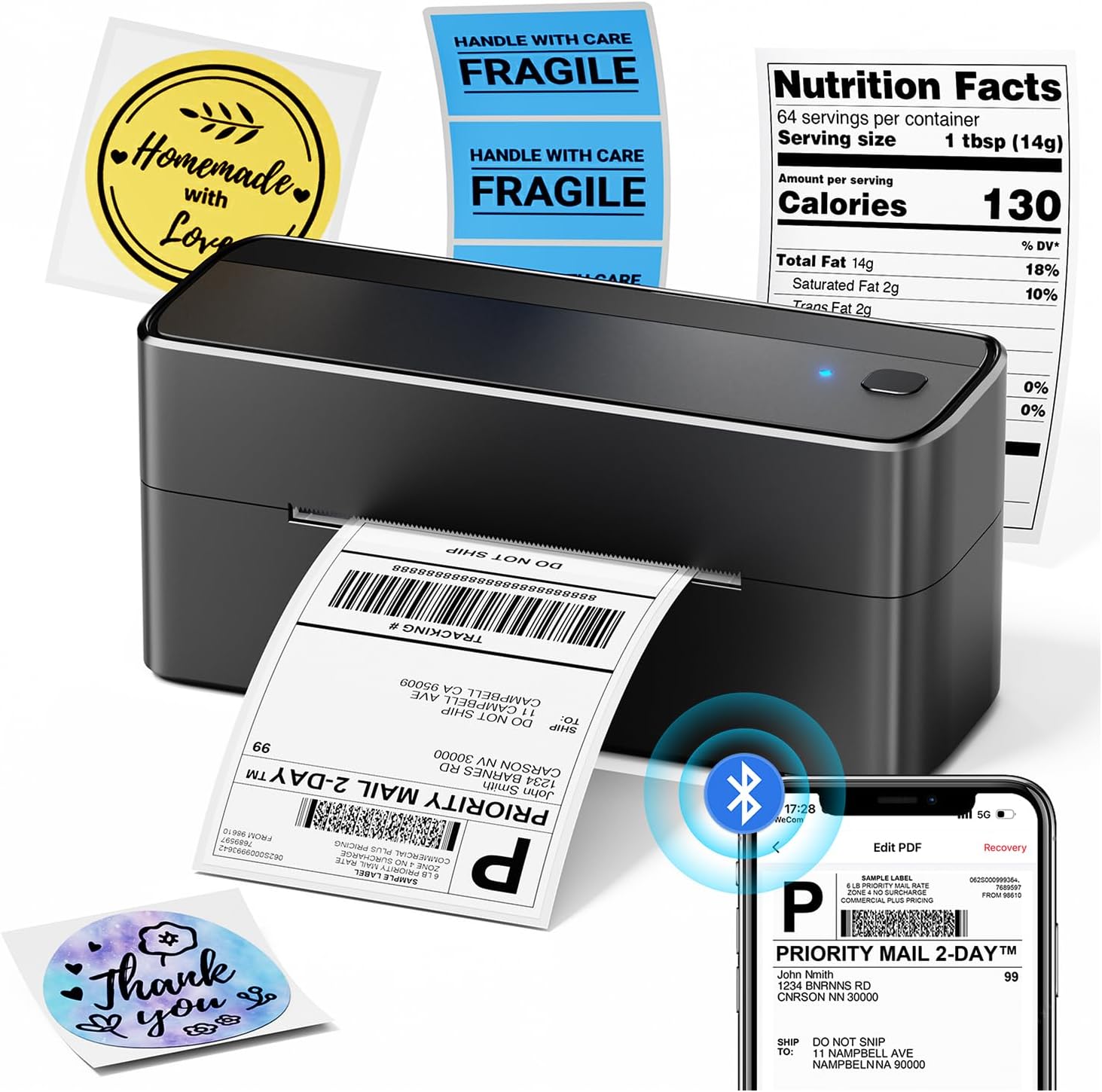 Phomemo Shipping Label Printer, 241BT 4X6 Wireless Thermal Label Printer for Small Business, Labels Printers for Shipping Package, Compatible with iPhone, Android, Amazon, Shopify, UPS, Black