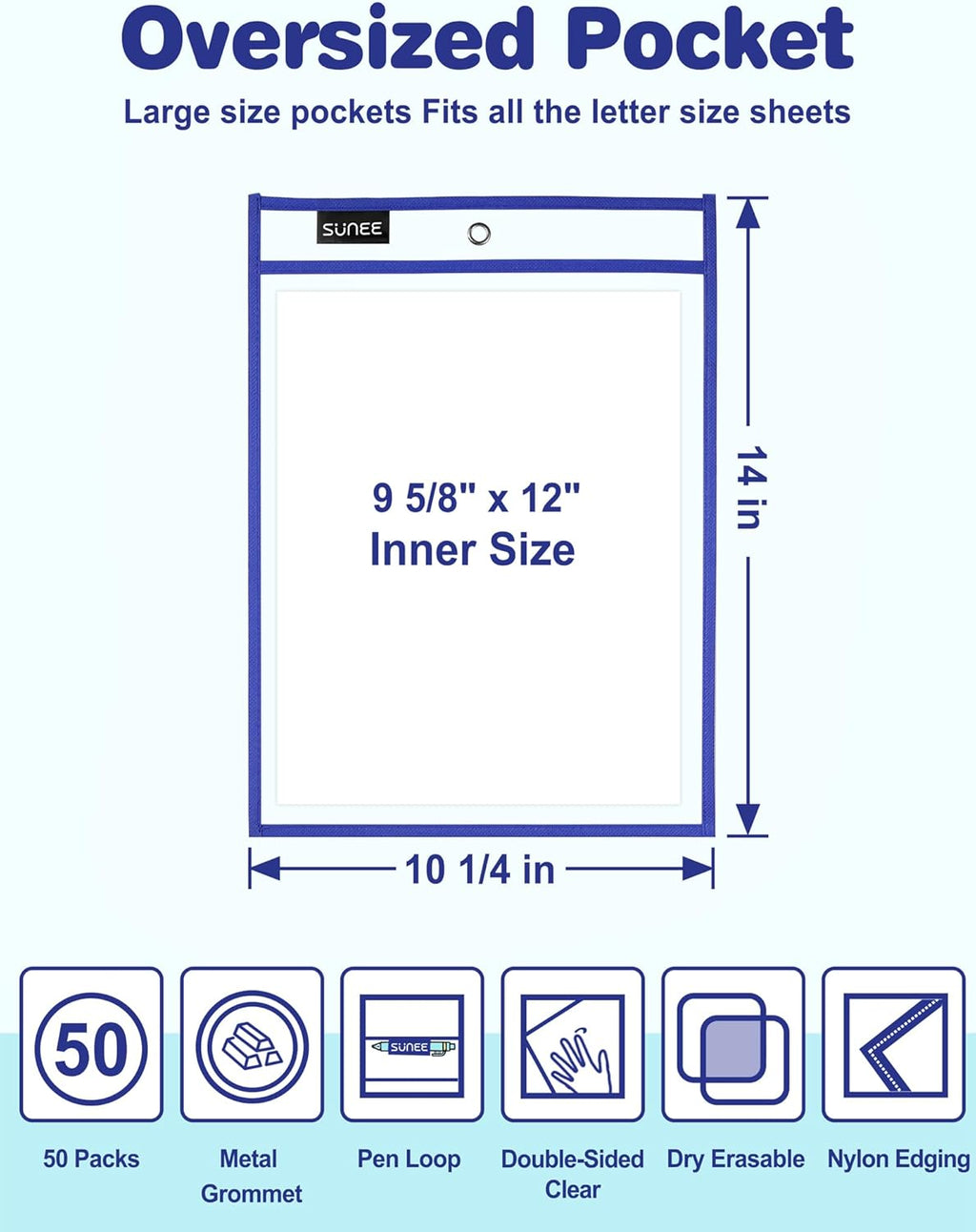 SUNEE 50 Packs Oversized Reusable Dry Erase Pocket Sleeves with 3 Rings, 10 Assorted Colors 10x14 Ticket Holders, Clear Plastic Sheet Protectors, Teacher School Classroom Supplies