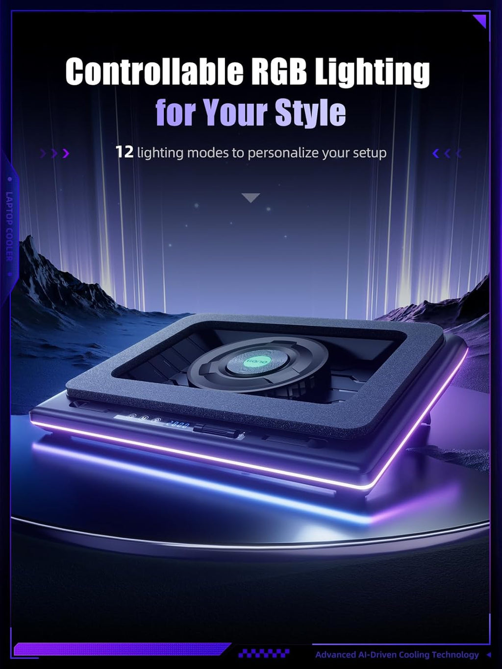 llano V12 Ultra Laptop Cooling Pad with Smart Software Control, RGB Gaming Laptop Fan Cooler Stand, 5.5" Turbo Fan, Adjustable Speed, 3*USB 3.0 Ports, 3 Height Stands, for 15.6"-19" Laptops, Black