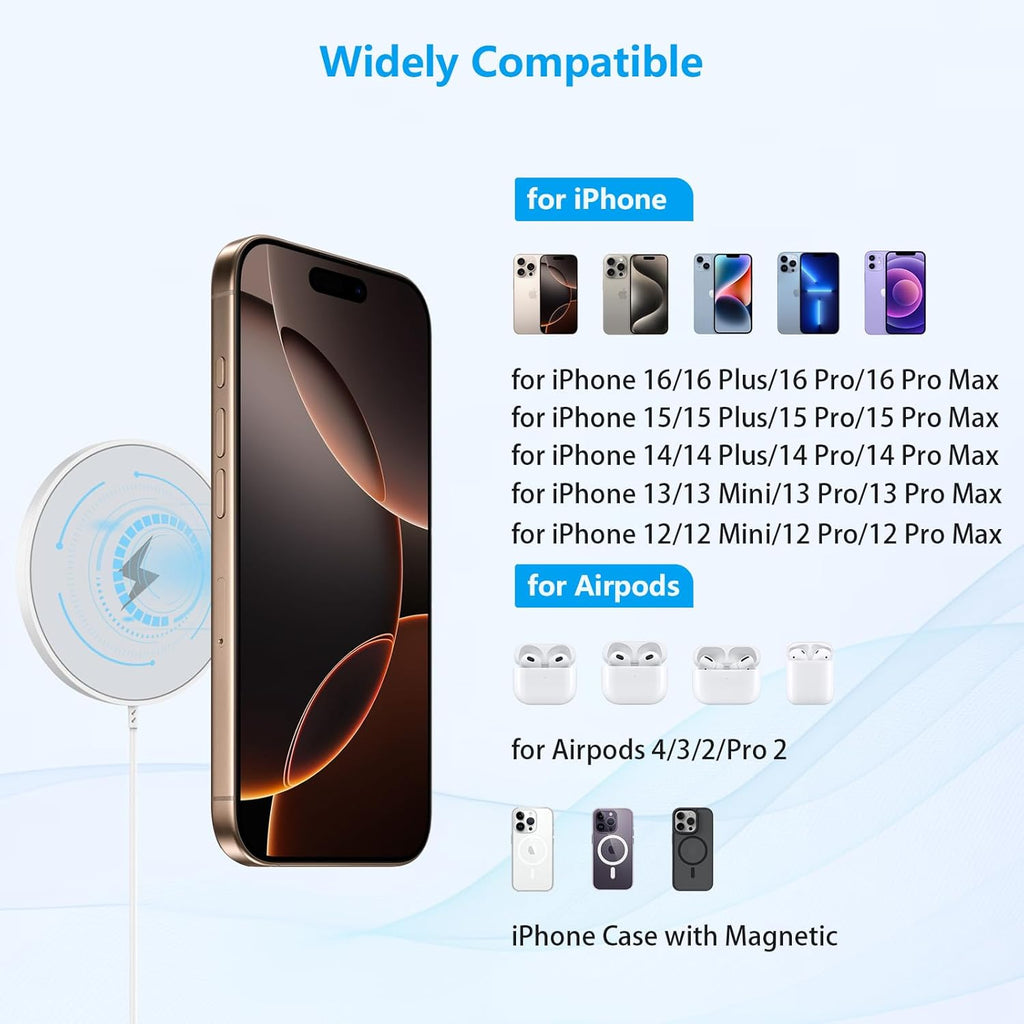 Magnetic Wireless Charger for iPhone 16 Pro Max/16 Pro/15/14/13/12/Plus/AirPods 3/2/Pro 2, 6FT Magnet Charge for Apple Mag-Safe Charger Fast Wireless Charging Pad with USB C Charging Block, 1Pack