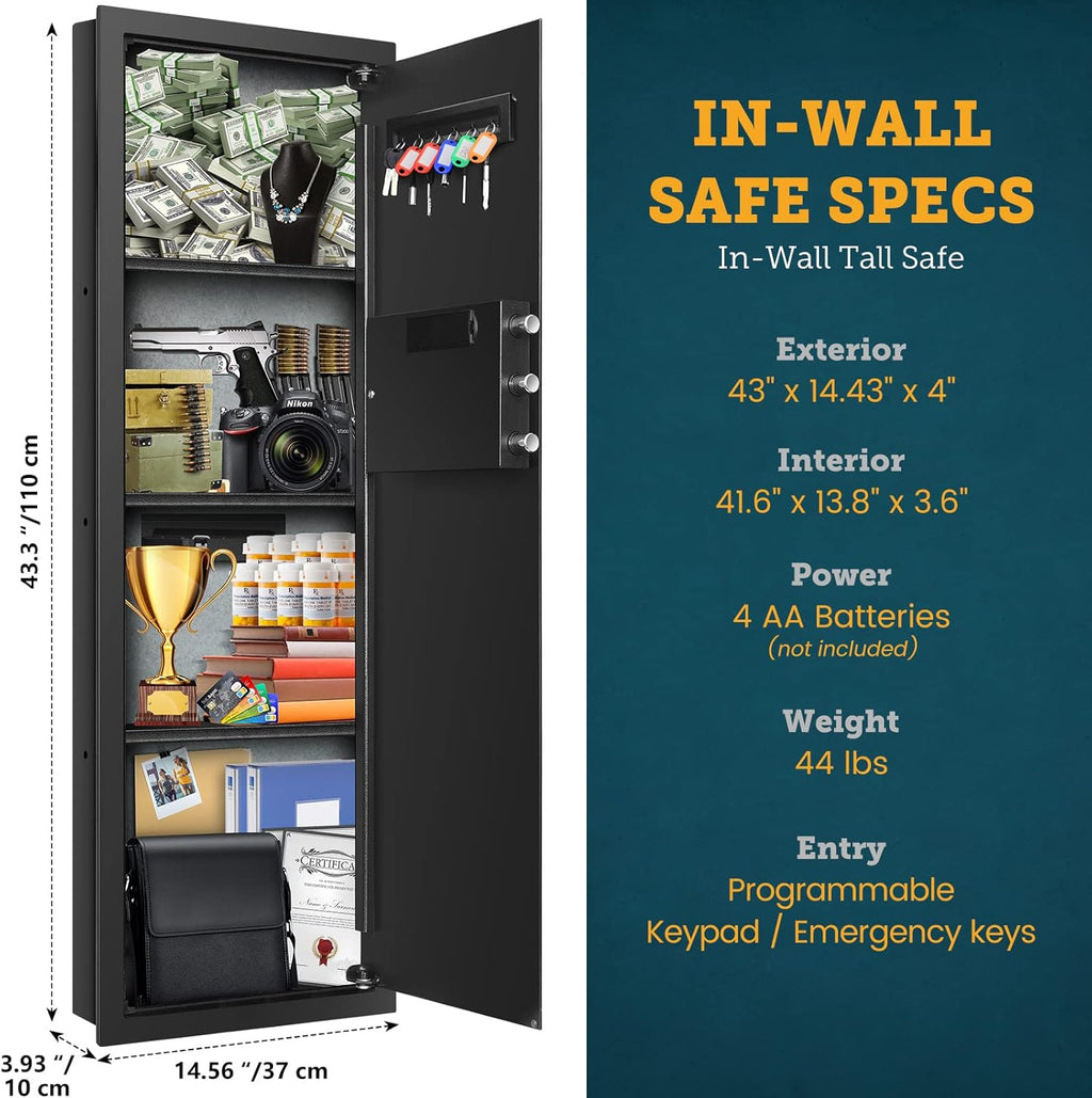 43.5" Tall Fireproof Wall Safe Between Stud, Heavy Duty Flush In Wall Safe With Digital Keypad & Removable Shelf, Hidden Gun Safe, Security Home Wall Safes For Storage Firearms Money Medicine