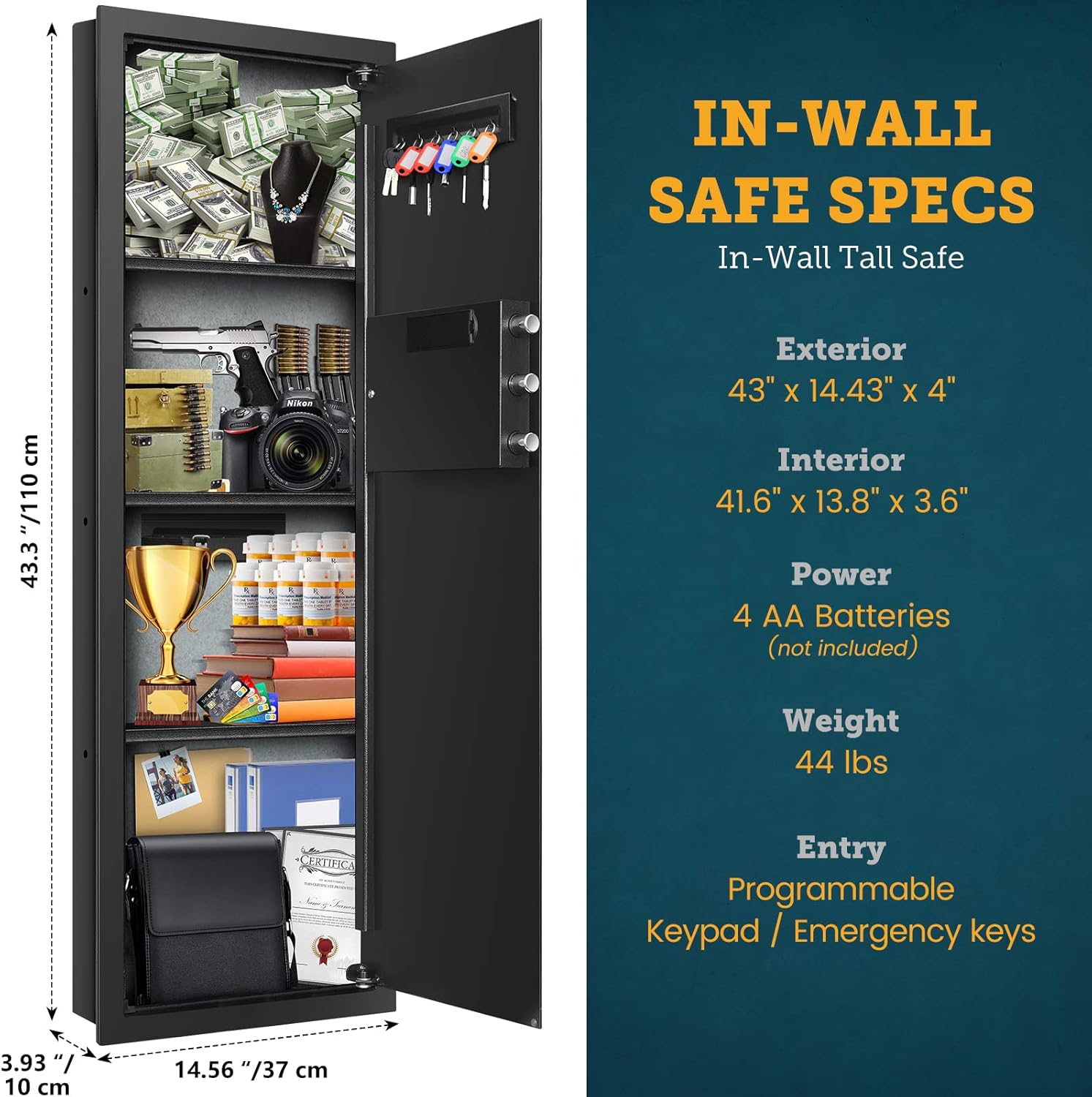 43.5" Tall Fireproof Wall Safe Between Stud, Heavy Duty Flush In Wall Safe With Digital Keypad & Removable Shelf, Hidden Gun Safe, Security Home Wall Safes For Storage Firearms Money Medicine