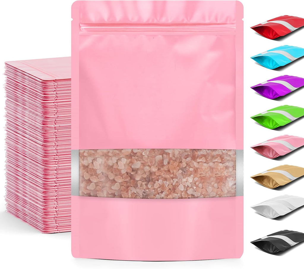 Funfery 100 Pcs Smell Proof Packaging Bags,Mylar Clear Bags for Food Storage,Sealable Bag for Packaging,Stand Up Pouches with Window,ReSealable Bag for Small Business,Cookies,Candy(Pink,4x6in)