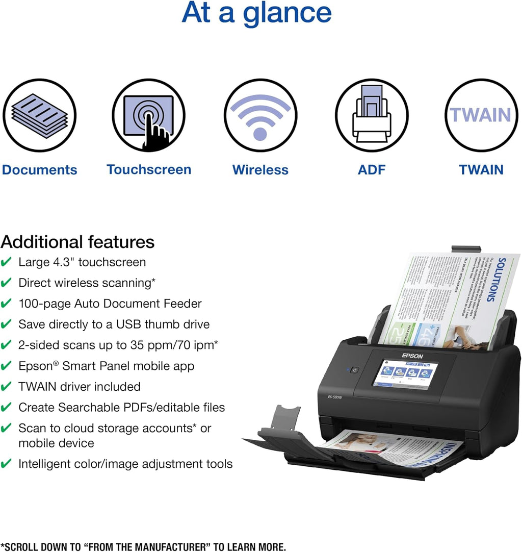 Epson Workforce ES-580W Wireless Color Duplex Desktop Document Scanner for PC and Mac with 100-sheet Auto Document Feeder (ADF) and Intuitive 4.3" Touchscreen