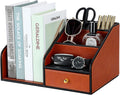 KINGFOM PU Leather Desk Organizer, Multifunction 6 Compartment Desk Organizers and Accessories for Office Supplies, Pen Pencil Holder/Book Mail Organizer Holder for Desk with Drawer (Brown)