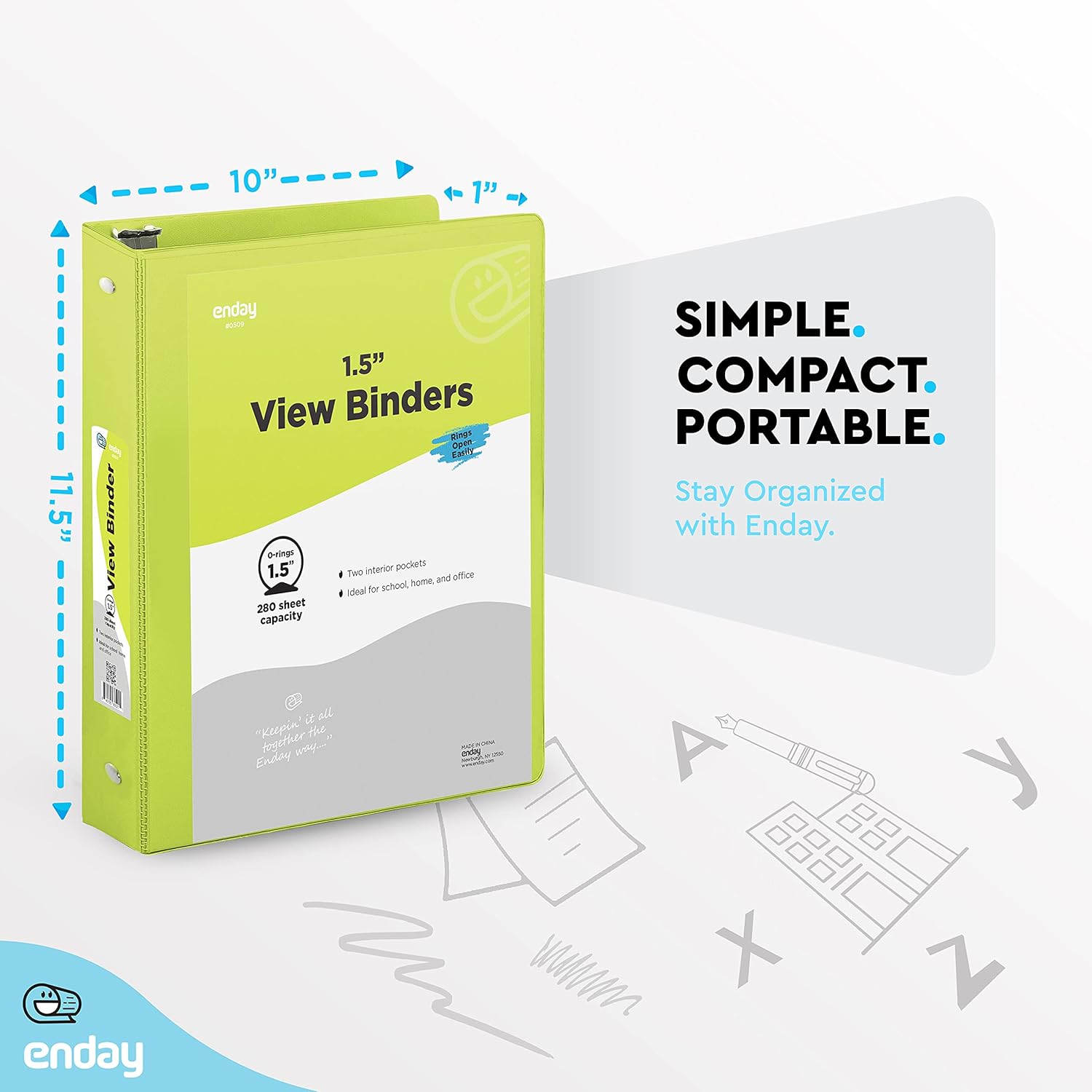 3 Ring Binder Green, 1.5 Inch Clear View Cover with 2 Inside Pockets Binder, Colored School Supplies 1 ½ Inch Round Ring Binders, Also Available in Red, Blue, Purple, Pink, and Grey (6 PC) – by Enday