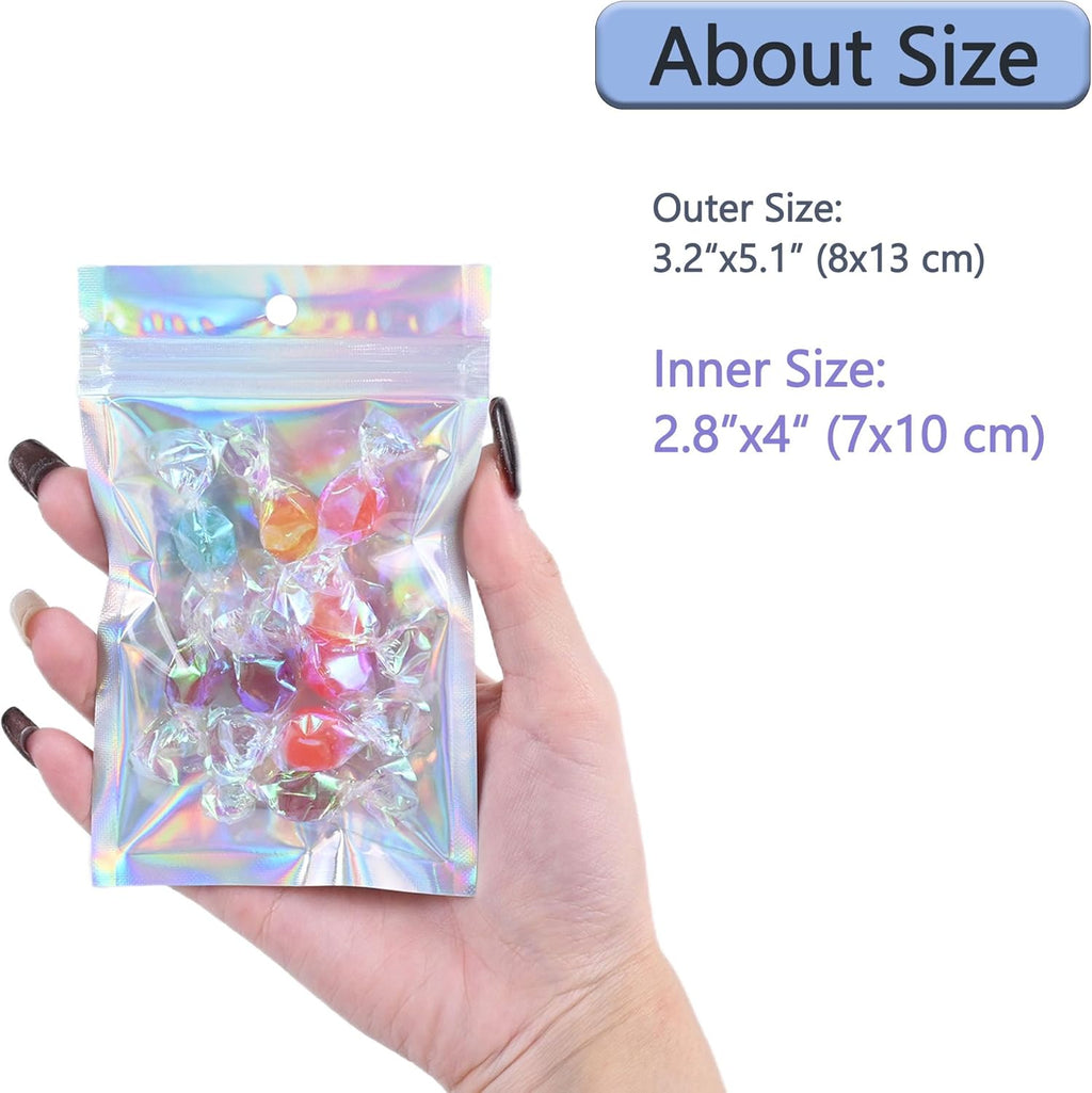 100 Pack Holographic Resealable Plastic Bags for Food Storage, Zipper Bags with Clear Front Window, Packaging Pouch for Small Business (100 Pack, 3.2x5.2 inch)