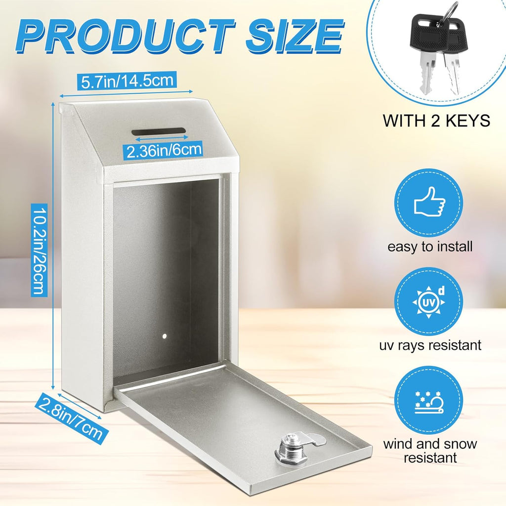 2 Pack Metal Suggestion Boxes with Lock Keys Ballot Donation Boxes with Slot for Fundraising Wall Mounted Mailbox Delivery Container for Home Office Outdoor Door, 10.2x5.7x2.95in(White, Black)