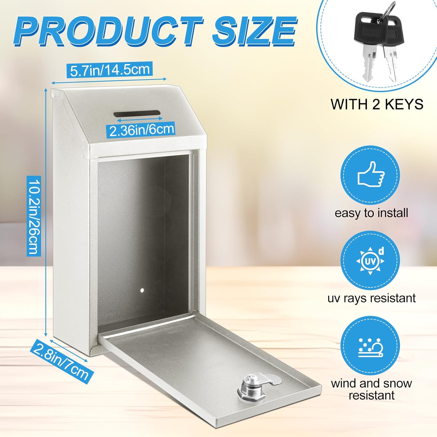 2 Pack Metal Suggestion Boxes with Lock Keys Ballot Donation Boxes with Slot for Fundraising Wall Mounted Mailbox Delivery Container for Home Office Outdoor Door, 10.2x5.7x2.95in(White, Black)