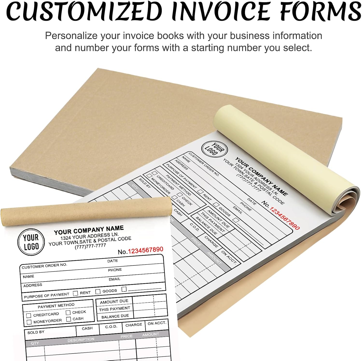 Custom Invoices Receipt Book for Small Business Personalized 3-Part Duplicate Carbonless Logo Receipt Books Sales Payment Forms with Company Name Address Phone Number 100 Sets 8.5" x 11"