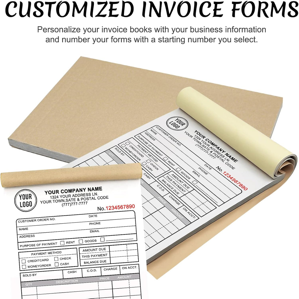 Custom Invoices Receipt Book for Small Business Personalized 3-Part Duplicate Carbonless Logo Receipt Books Sales Payment Forms with Company Name Address Phone Number 100 Sets 2.83" x 7"