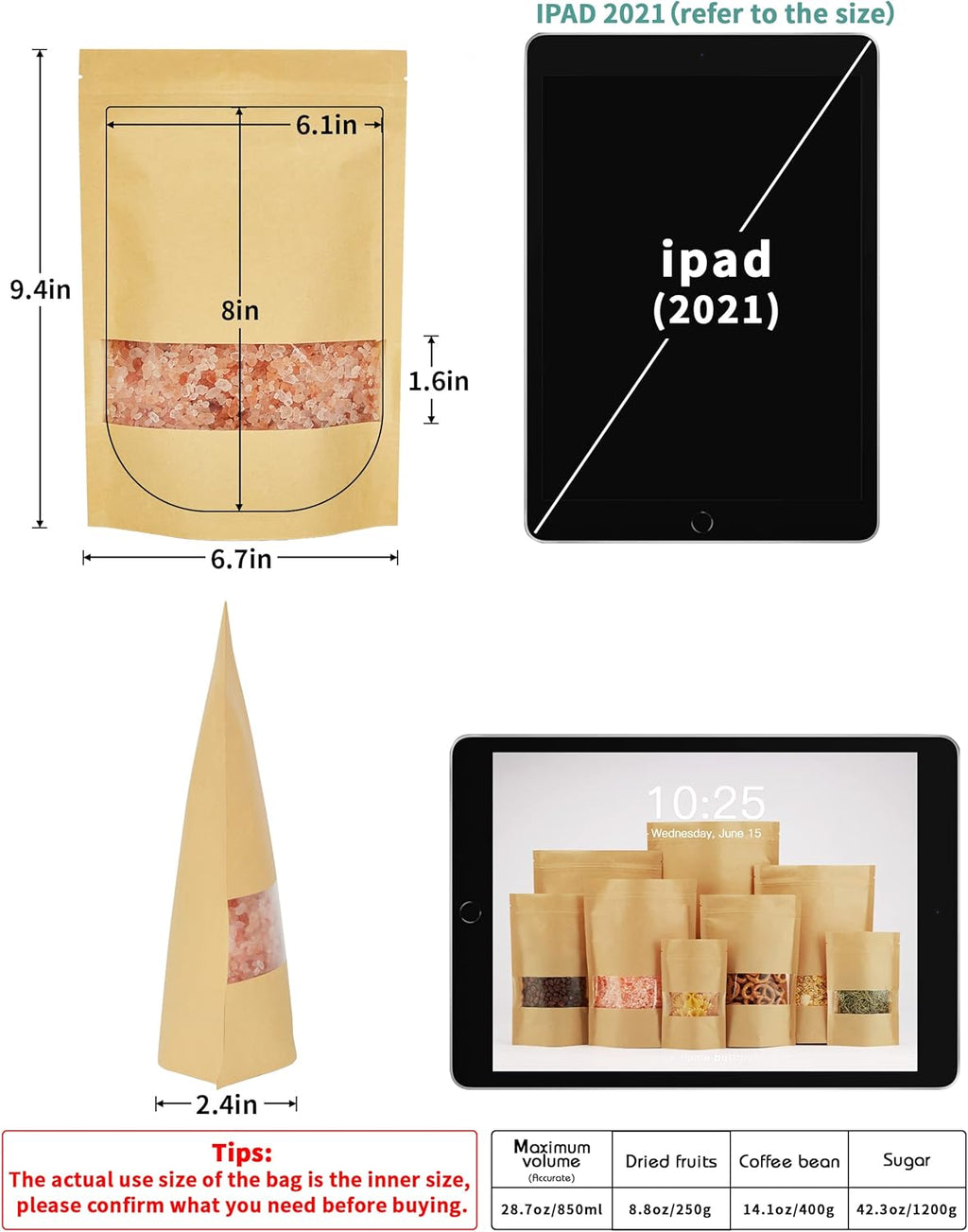 FireKylin 100 Pcs Brown Paper Bags with Window, 6.7" x 9.4" Stand Up Pouches, Food Storage Bags for Packaging Products, Reusable, Sealable