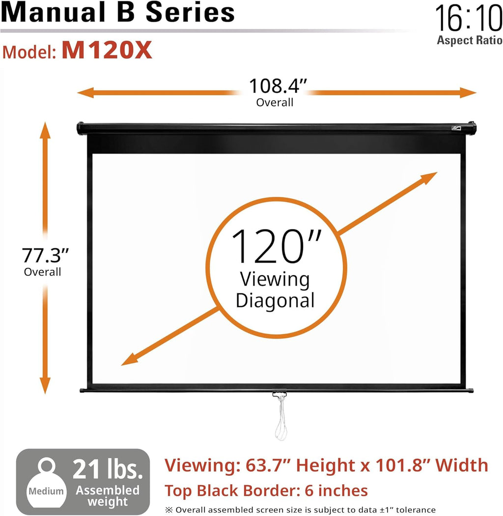 Elite Screens Manual B, 120-INCH, 16:10 aspect ratio, Manual Pull Down Projector Screen 4K / 8K Ultra HDR 3D Ready with Auto-Lock Mechanism, 2-YEAR WARRANTY, M120X