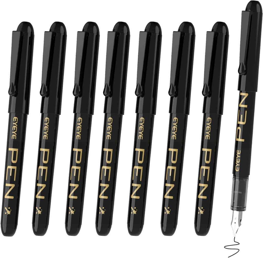 EYEYE Disposable Fountain Pens, 8 Pack Black Fine Point Pens Calligraphy Pens for Writing, Stainless Steel Nib, Smooth Writing for Journaling, Drafting, Sketching, Doodling & Office Supplies