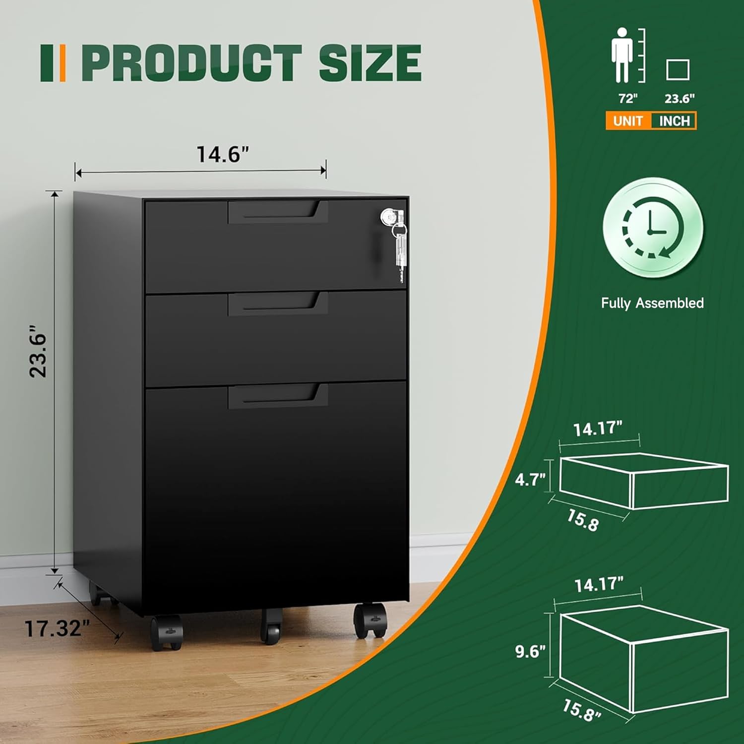 Letaya 3 Drawer Mobile File Cabinet with Lock,Under Desk Metal Small Filing Cabinets for Home Office Organizer Letters/Legal/A4(Fully Assembled Except Wheels-Black)