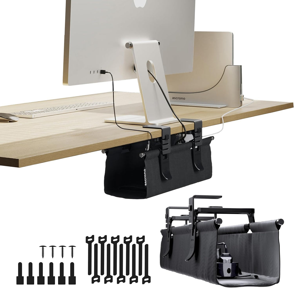 Original No Drill Under Desk Cable Management Tray 14.1" - Premium Black Fabric Cable Management Under Desk - Clamp/Screw Mount Cord Organizer - Supports Upto 66lbs