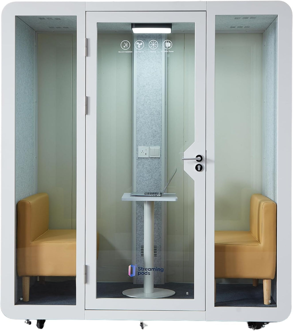 GEARONIC Mobile Office Pod Booth, Standard Sound Proof Office Pod for 2 People, Sound Pod Booth with Mobile Roller, LED Lighting System,Fans and AC USB Ports