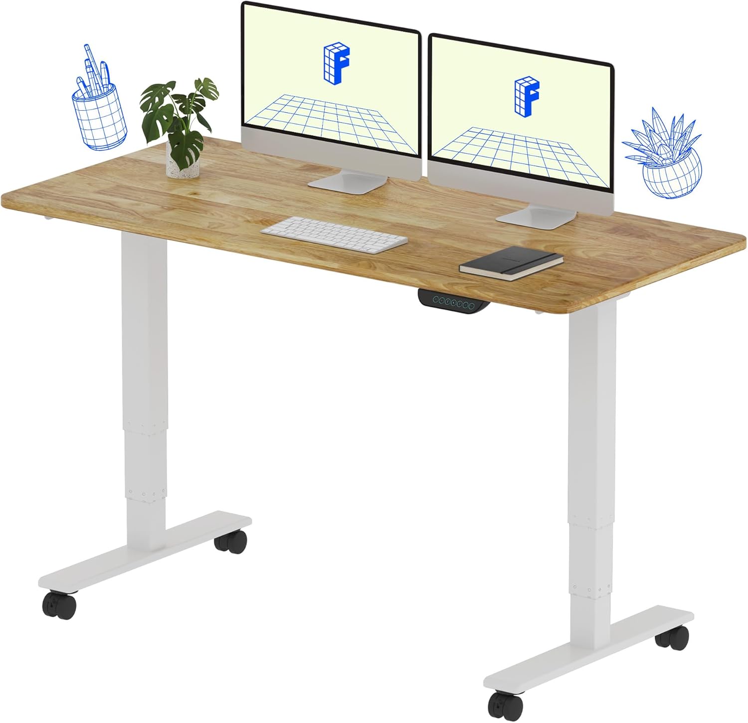 FLEXISPOT E6 MAX Rubber Wood Dual Motor 3 Stages Standing Desk 55x24 Inch Whole-Piece Board Electric Height Adjustable Stand Up Desk 150KG Load Capacity(White Frame + Rubber Wood Desktop)