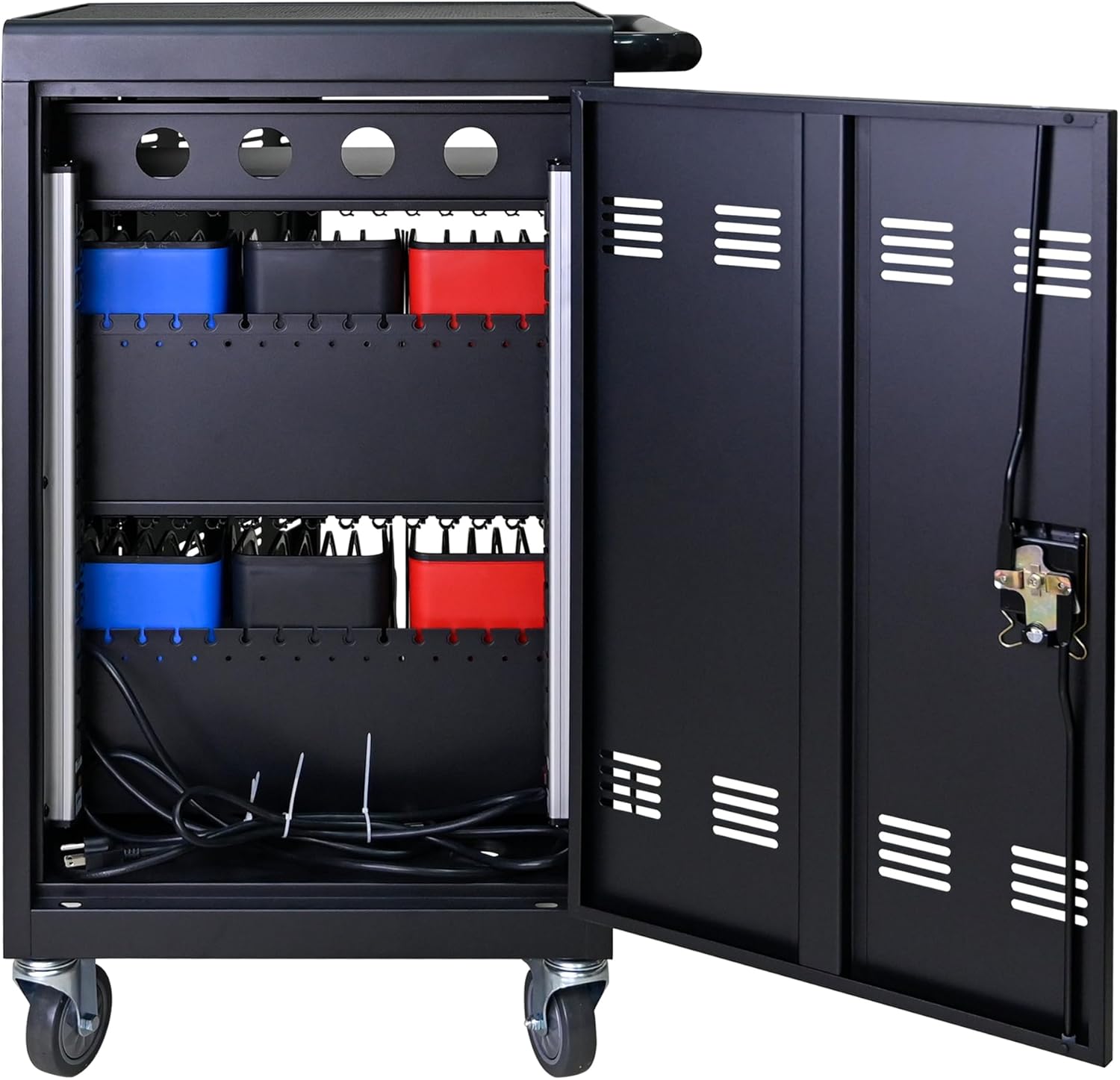 32 Plastic Device Lockable Charging Cart Holds Up to 14" with 6 5-Device Storage Compartment Tablet Laptop for Mobile Charging Storage Trolley with Cable Management Dividers Cable Clips Black