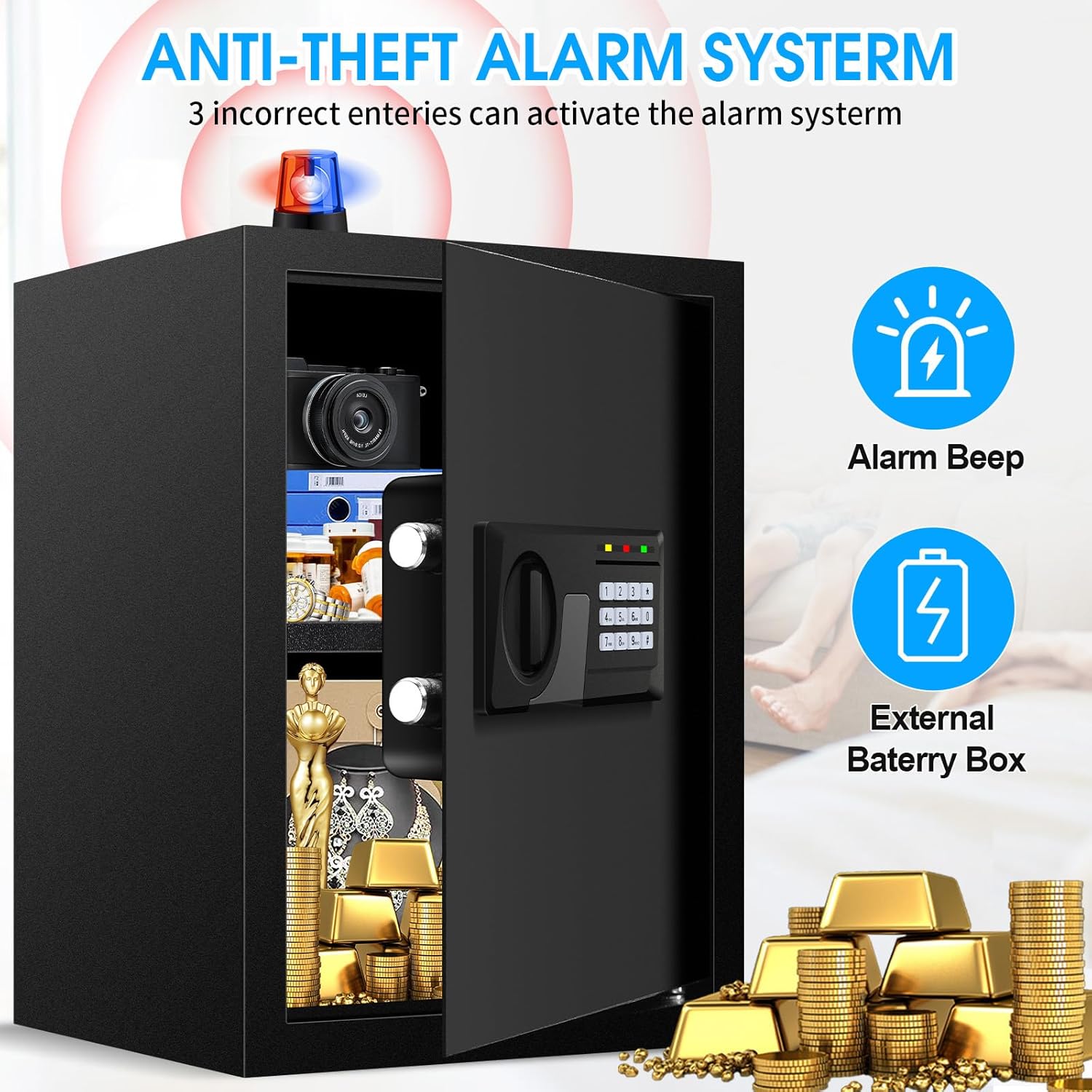 3.2 Cuft Large Fire Proof Safe for Home Documents, Digital Security Safety Box with Electronic Keypad and Keys, Anti-Theft Fire Safes for Home, Fireproof Box for Money Firearm Medicine Valuables