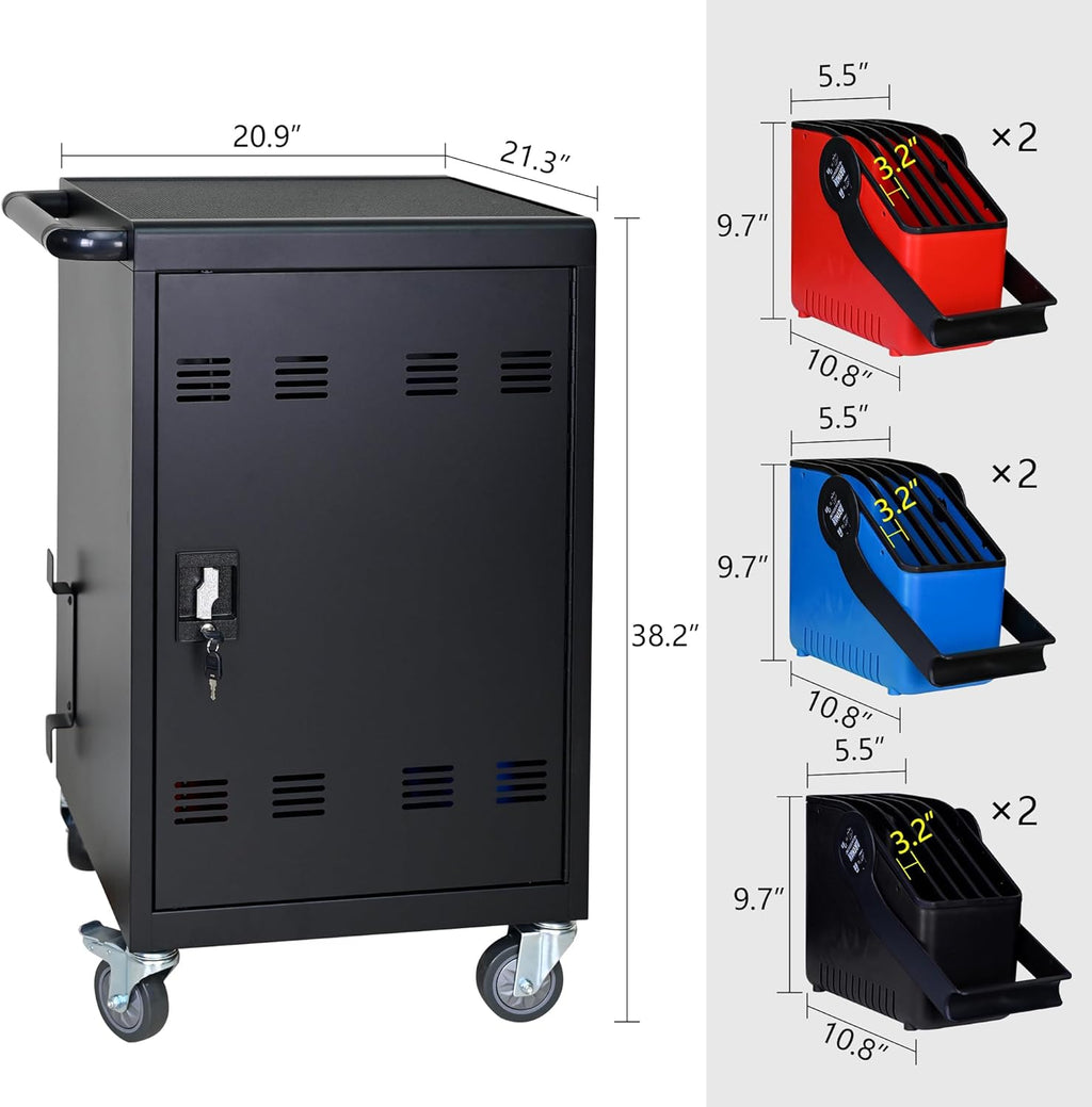 32 Device Charging Cart for Laptops and Tablets Up to 16.3-inch, Mobile Charging Station, Secure Storage and Cable Management, Mobile Charging Cabinet for Ipads, Chromebooks, Black