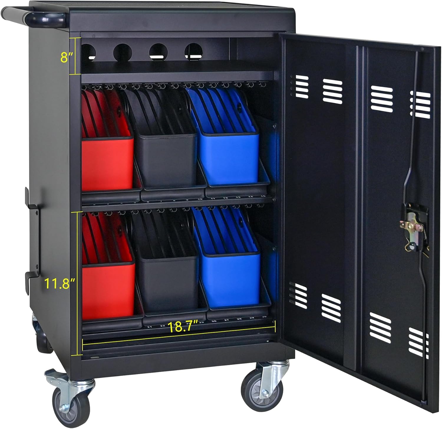 32 Device Charging Cart, Laptop and Tablet Storage Cart, Holds Up to 14" with 6 5-Device Storage Baskets, Cord Management, Front and Rear Access Locking, for Classroom or Office.Black