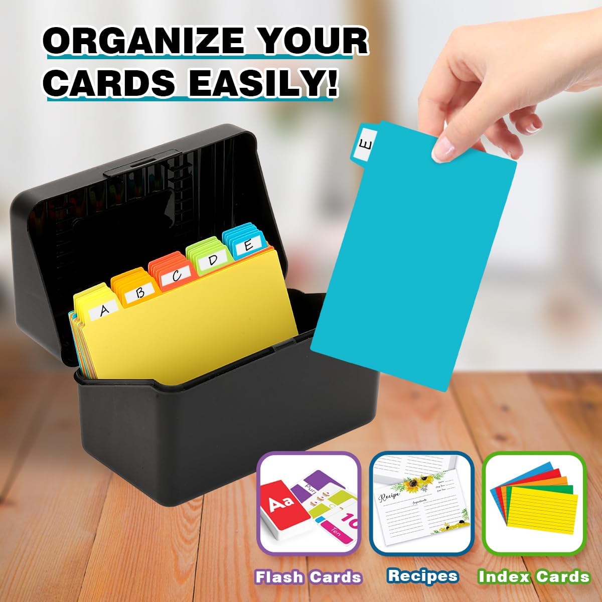 H4D Index Card Holder 3x5 Inches with 25 Plastic Dividers, Black