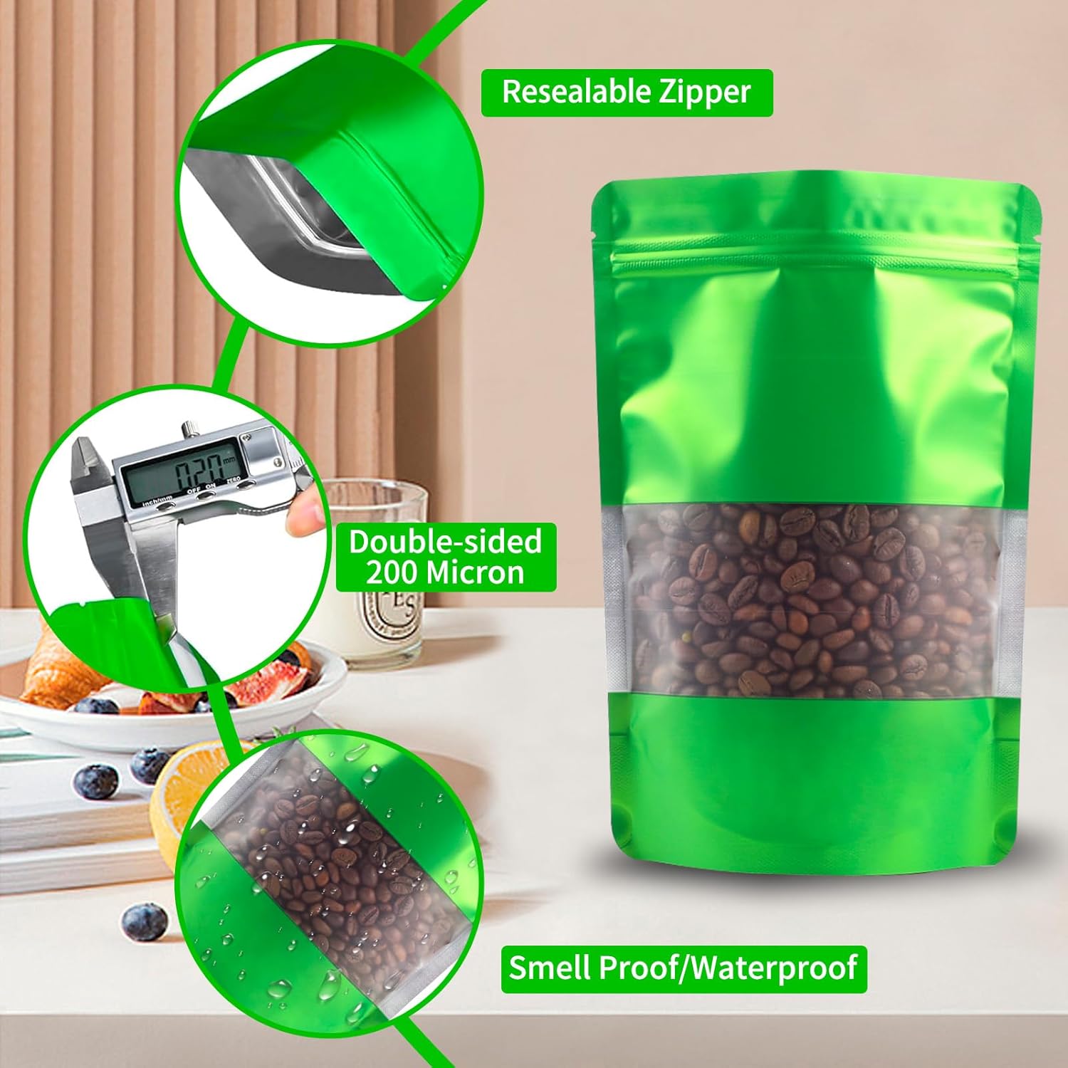 100 Pack Green Smell Proof Bags, Resealable Mylar Bags with Matte Window, Foil Pouch Stand Up Sealable Bags for Packaging, 7.08×10.23 Inch