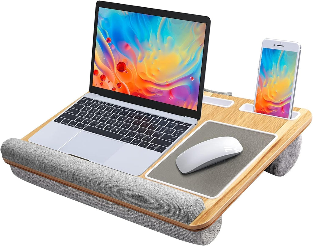 HUANUO Lap Desk - Fits up to 17 inches Laptop Desk, Built in Mouse Pad & Wrist Pad for Notebook, Laptop, Tablet, Lap Stand with Tablet, Pen & Phone Holder (Wood Grain)