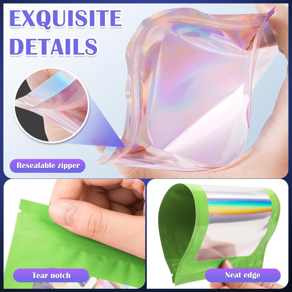 100 Pcs Mylar Bags, Smell Proof Bags Foil Pouch, Holographic Resealable Bags for Small Business, Candy Sample Jewelry Bag Sealable Packaging for Party Favor Food Storage (2.8x3.9in-Green)