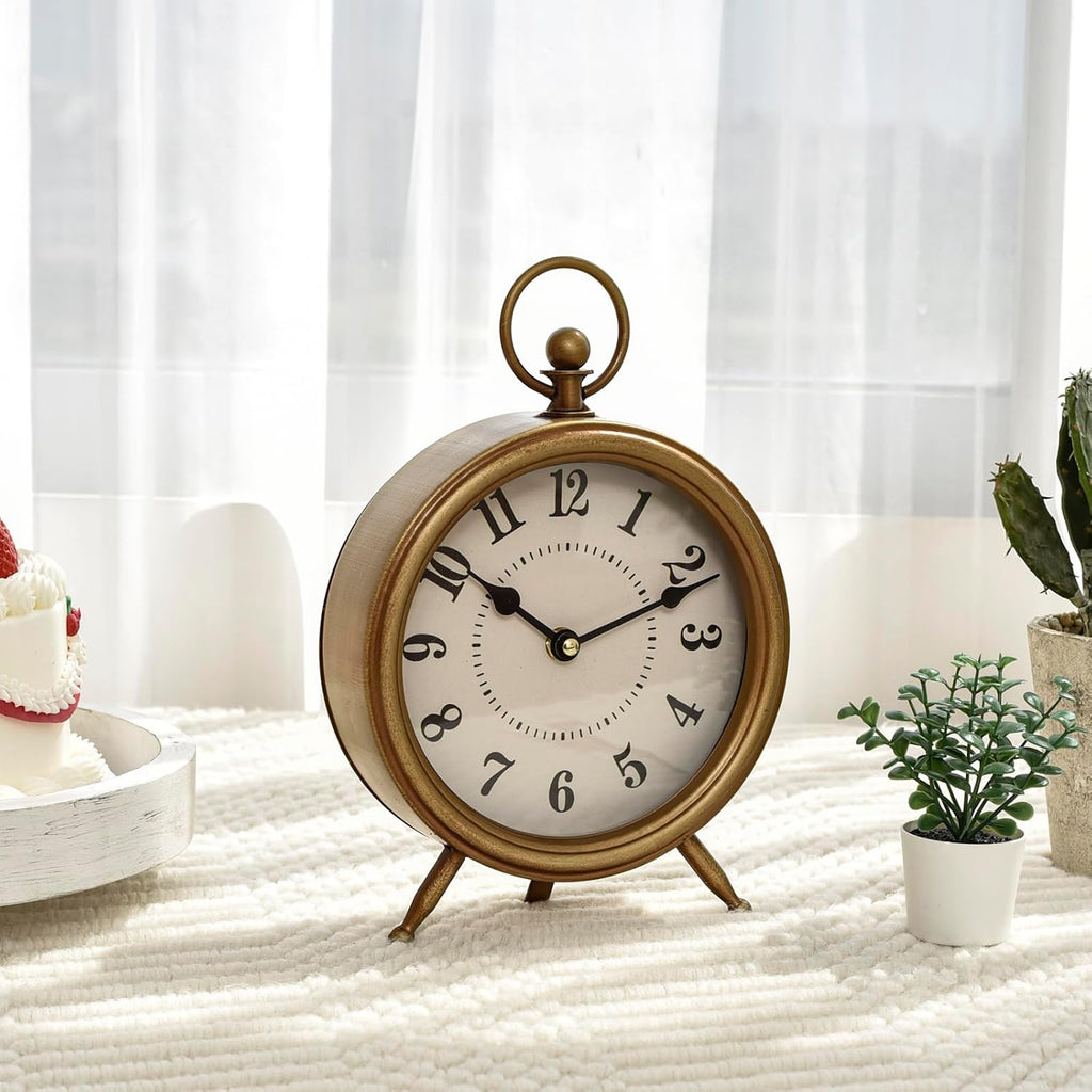 Antique Gold Finish Mantel Clock – Vintage Gold Table Clock on Stand, Decorative Desk and Shelf Clock, Rustic Mantel Clock Non-Ticking 10.3 * 7.3 inch