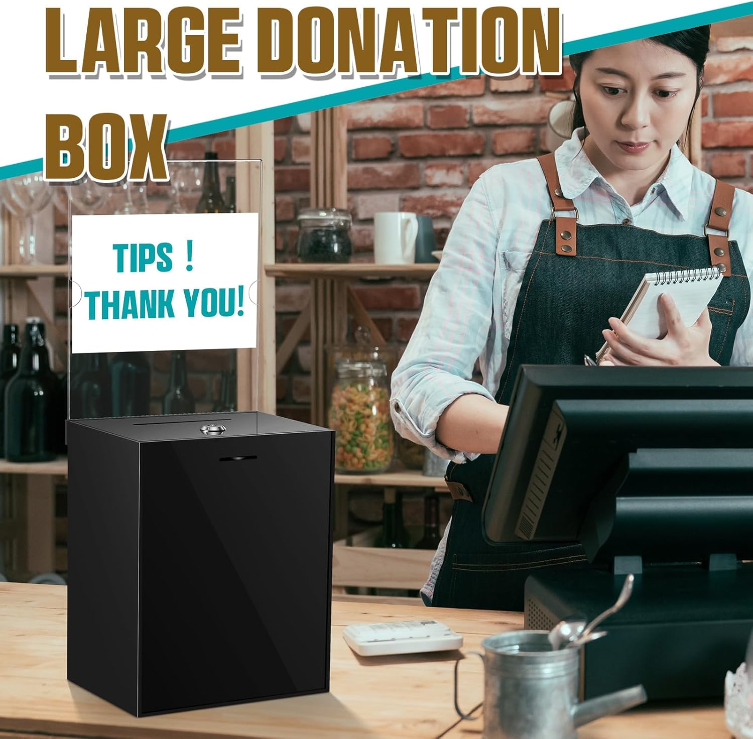 Sweetude 2 Pack Acrylic Donation Box with Lock Tall Tip Jars 8.2 x 6.7 x 5 In Suggestion Ballot Box with Sign Holder Large Locking Raffle Voting Container for Fundraising Ticket Collection(Black)