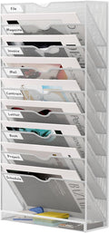 10 Tier Hanging Wall File Holder, Metal A4 Wall Mounted Document Holder, Vertical Hanging Mail Organizer, Magazine Storage Rack with Tray for Office Home Classroom, White
