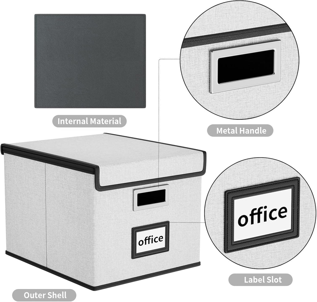 Huolewa File Organizer Box with Lid, Collapsible File Folder Organizer for Office Document Storage, Filing Box with Plastic Slide for Letter/Legal Size Hanging Files, Light Grey