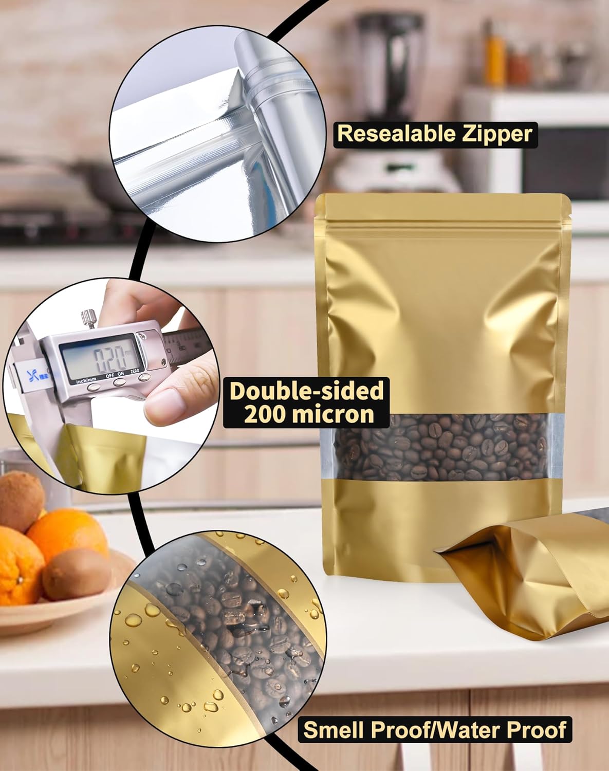 FireKylin 100 Pack Smell Proof Bags, Resealable Bags with Matte Window, Foil Pouch Stand Up Sealable Bags for Packaging(Gold,4" x 6")