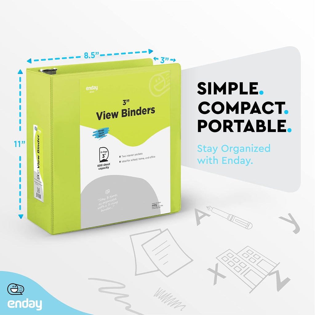 3 Slant D-Ring Binder 3 Inch Green, 3 in Clear View Cover with 2 Inside Pockets Binder, Heavy Duty Colored School Supplies Binders,Also Available in Red, Grey, Purple, Blue, Pink (12 PC) – by Enday