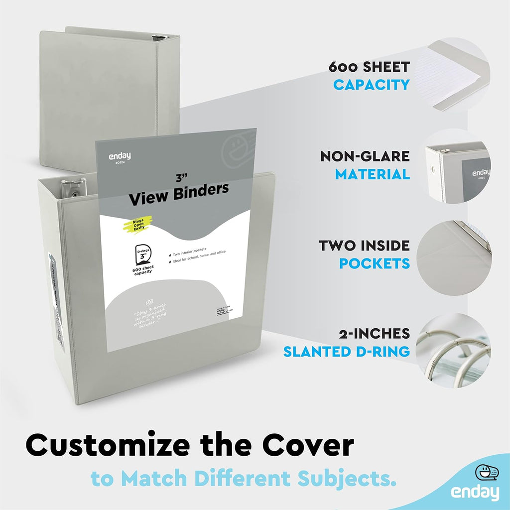 3 Slant D-Ring Binder 3 Inch Grey, 3 in Clear View Cover with 2 Inside Pockets Binder, Heavy Duty Colored School Supplies Binders,Also Available in Green, Red, Purple, Blue, Pink (12 PC) – by Enday