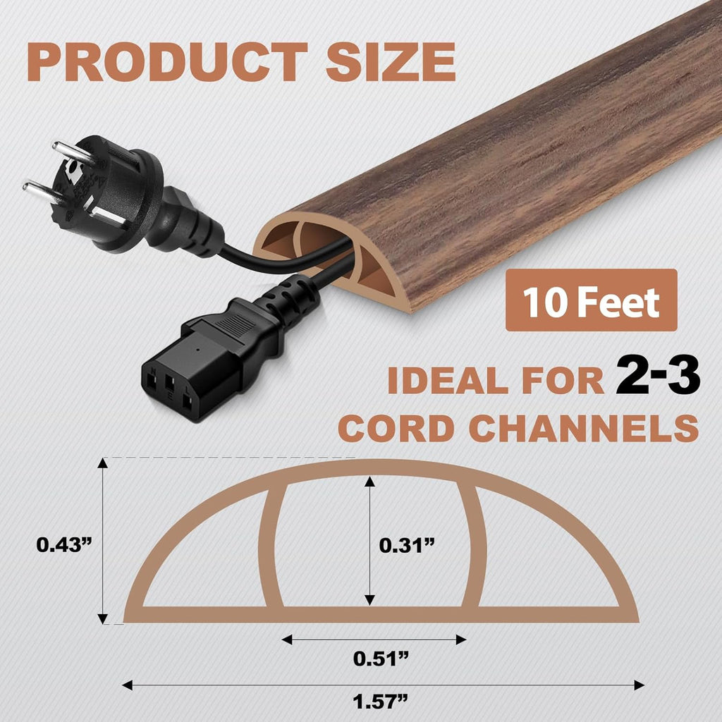Floor Cord Cover for Wires on Floor Self Adhesive Cord Hider Floor Cable Management Wire Covers for Cords Protector Prevent Cable Trips Cord Cavity W 0.51" x H 0.31", Misty Brown Wood, 10Ft