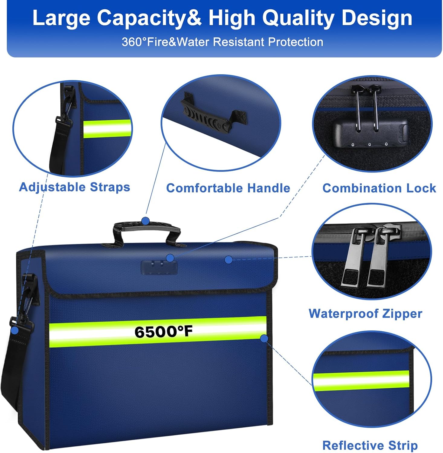 6500°F Large Fireproof Document Organizer with Lock,Upgraded 10 Layers Heat Insulated＆Waterproof Zipper,Removable Folder Layers/Wallet,Portable Home Travel Storage for Documents(16.5x12.4x5.5 inches)