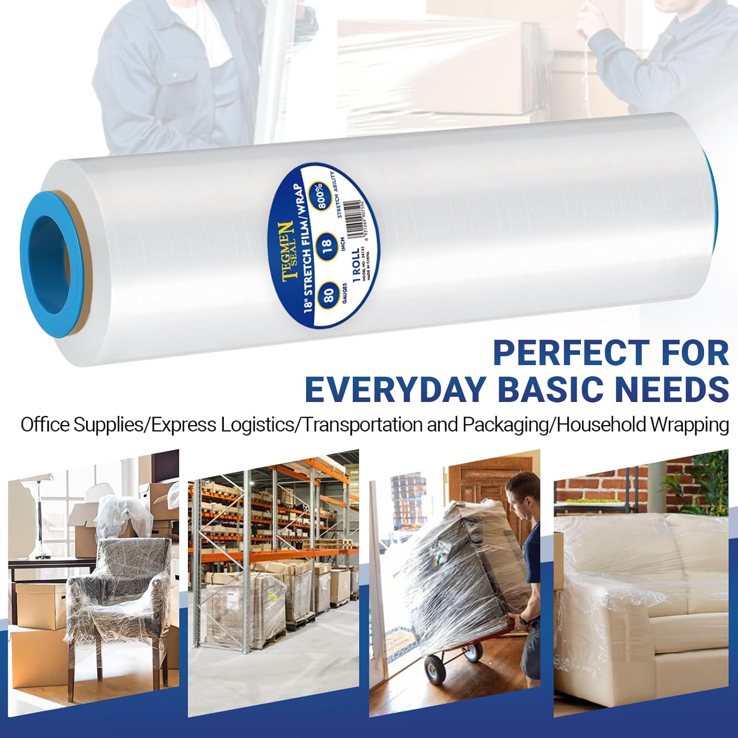 1-Pack 18" Stretch Wrap Rolls - 80 Gauge Industrial Strength Clear Film, 1200ft Length with Plastic Handle Option - Heavy Duty Self-Adhering for Moving, Shipping, Pallet Packing