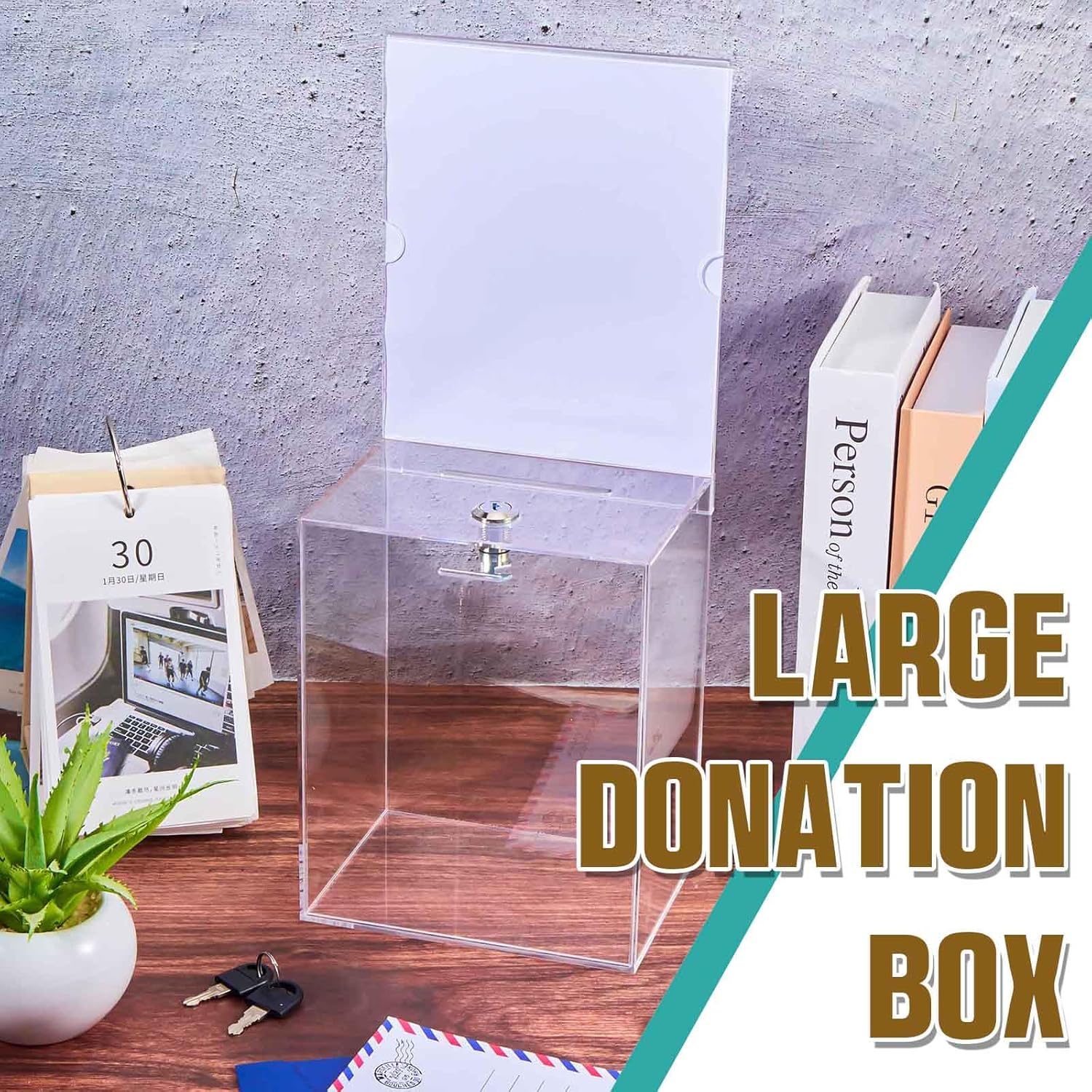 Sweetude 2 Pack Acrylic Donation Box with Lock Tall Tip Jars 8.2 x 6.7 x 5 In Suggestion Ballot Box with Sign Holder Large Locking Raffle Voting Container for Fundraising Ticket Collection(Clear)
