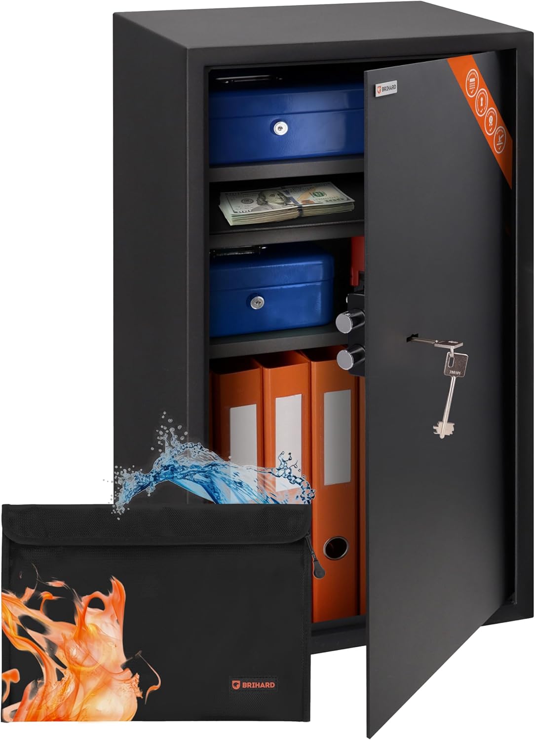 Business XXL Key Lock Safe 28.74"H x 15.75"W x 14.17"D with Fireproof A4 Bag, Large Office Safe 3.6 Cubic Feet for Documents A4 with 3 Height-Adjustable Shelves for Money & Jewelry