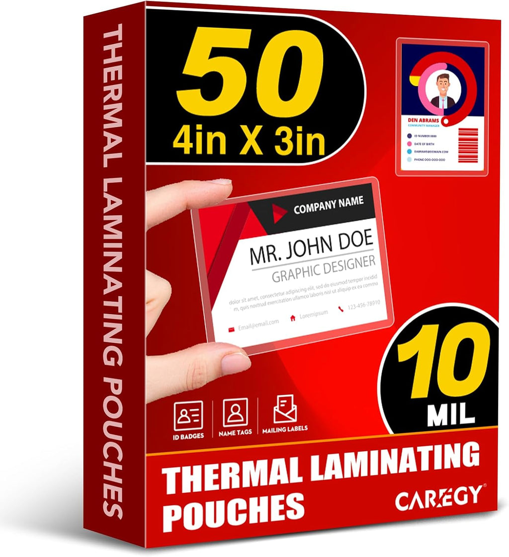 CAREGY 50 Count Thermal Laminating Pouches, 10 Mil, 4x3 Inch Laminate Business Cards, Round Corner, Ideal Office or School Supplies