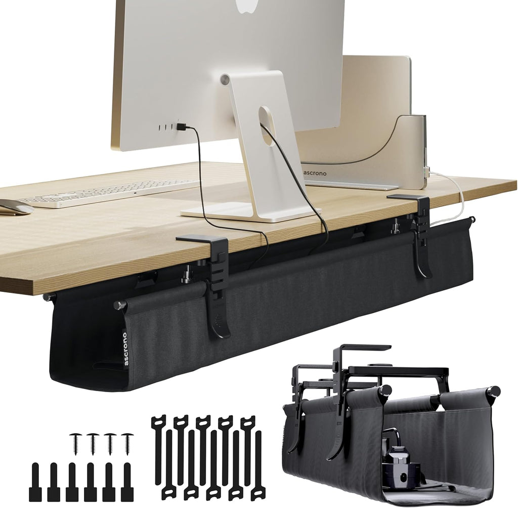 Original No Drill Under Desk Cable Management Tray 40.6" - Premium Black Fabric Cable Management Under Desk - Clamp/Screw Mount Cord Organizer - Supports Upto 66lbs - Large