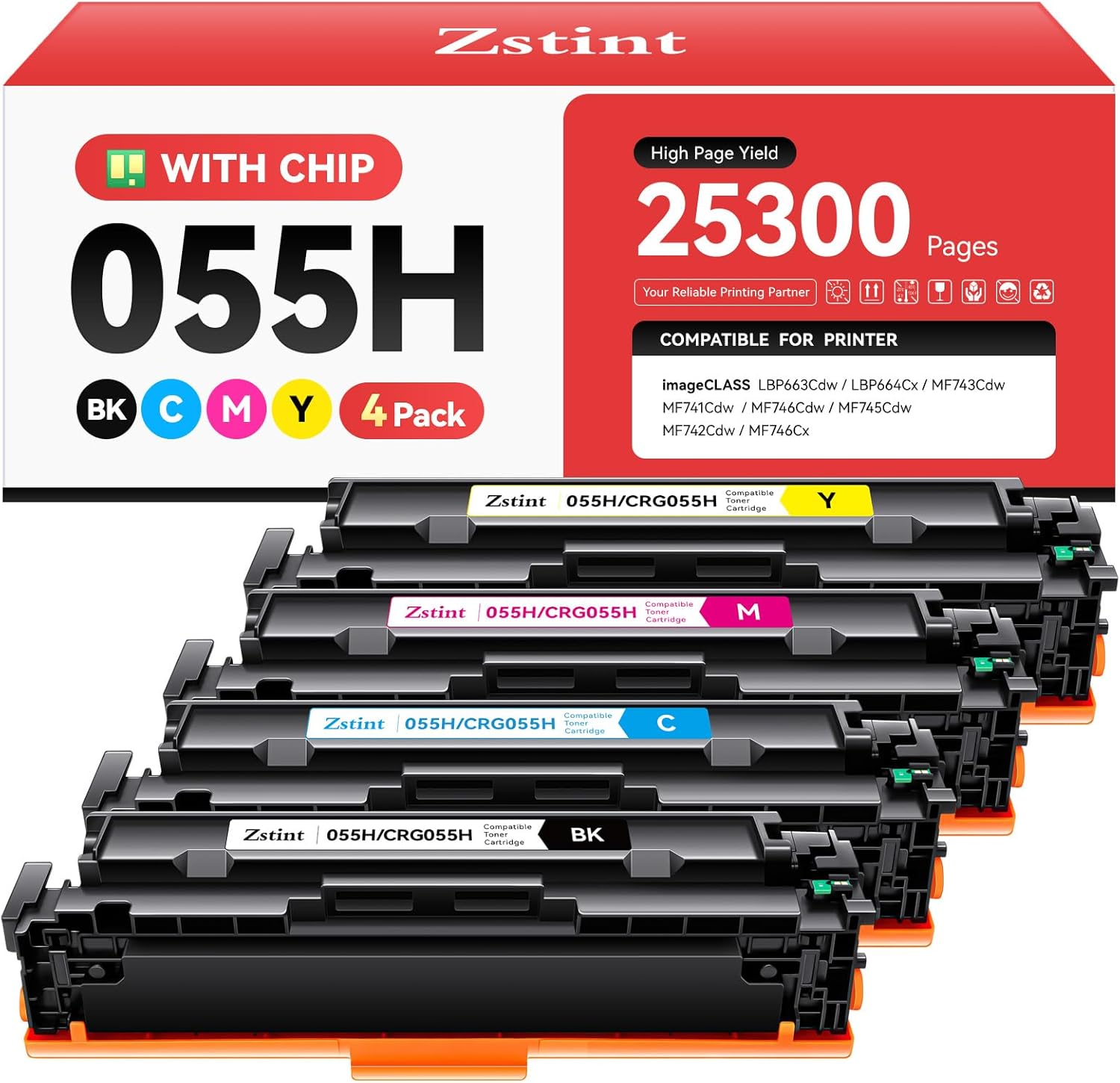 055H Toner Cartridge 4-Pack High Yield with Chip Replacement for Canon 055H 055 Toner Cartridges Compatible with Canon imageCLASS LBP663Cdw LBP664Cx MF743Cdw MF741Cdw MF746Cdw MF745Cdw Laser Printers