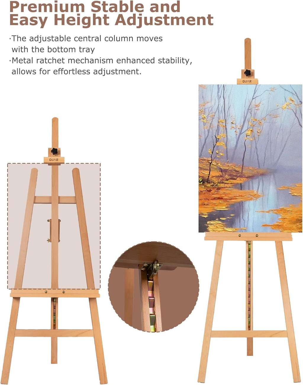 DJAR A Frame Wooden Art Easel for Painting, 57’’-76’’ Adjustable Height, Hold Canvas up to 43’’, Floor Easel Stand for Adults, Beginner