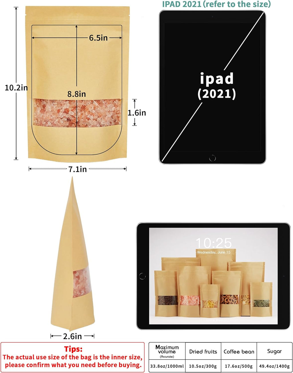 FireKylin 100 Pcs Brown Paper Bags with Window, 7.1" x 10.2" Stand Up Pouches Bags, Zipper Food Storage Bags for Packaging Products, Reusable, Sealable