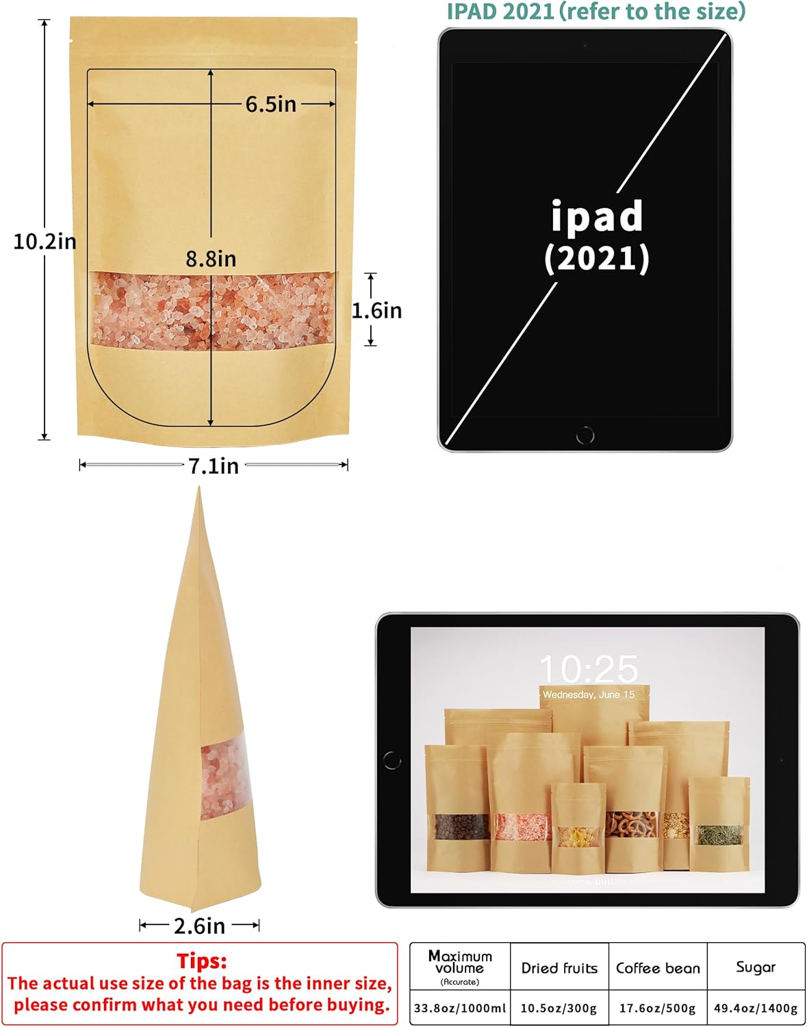 FireKylin 100 Pcs Brown Paper Bags with Window, 7.1" x 10.2" Stand Up Pouches Bags, Zipper Food Storage Bags for Packaging Products, Reusable, Sealable