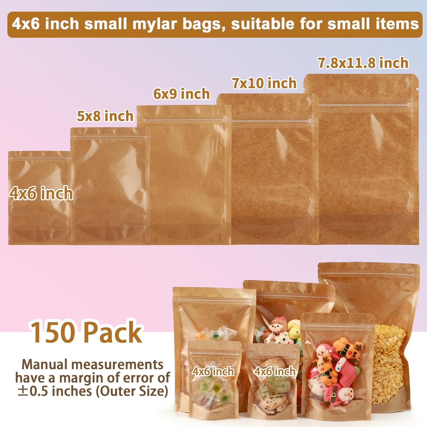 150-Pack Kraft Paper Bags with Clear Window 4" x 6" Reclosable Small Stand Up Mylar Bags for Food Storage Resealable Smell Proof Pouch, Edible Packaging, Reusable bags for Small Business